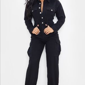 Petite Black Denim Wide Leg Jumpsuit